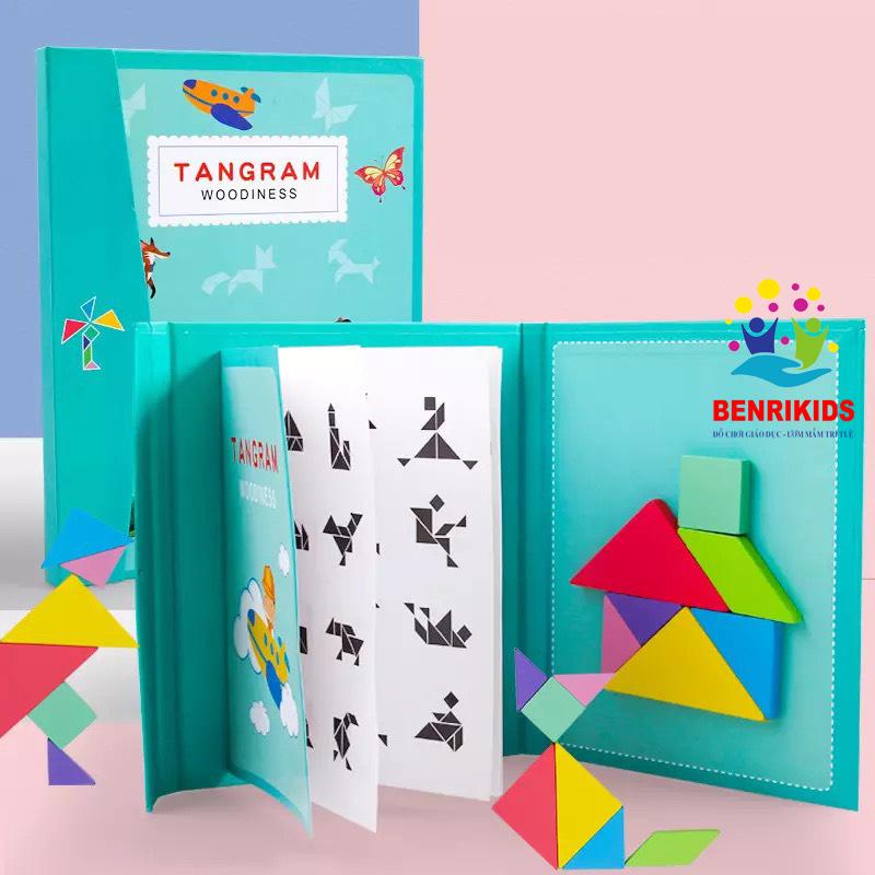 Đồ chơi cho bé Xếp hình gỗ Tangram nam châm có kèm sách cho trẻ rèn luyện tư duy sáng tạo