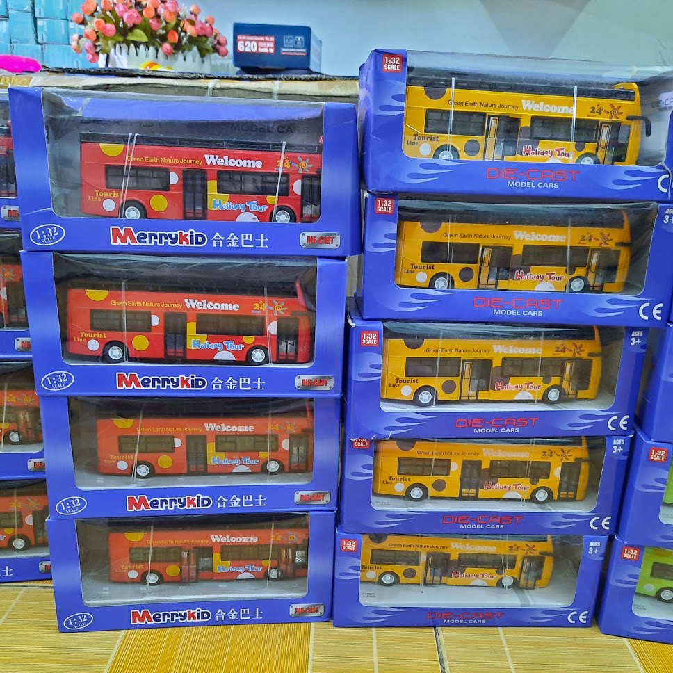 Xe ô tô buýt mui trần 2 tầng đồ chơi trẻ em mô hình xe bằng kim loại chạy cót có âm thanh và đèn tỉ lệ 1:32