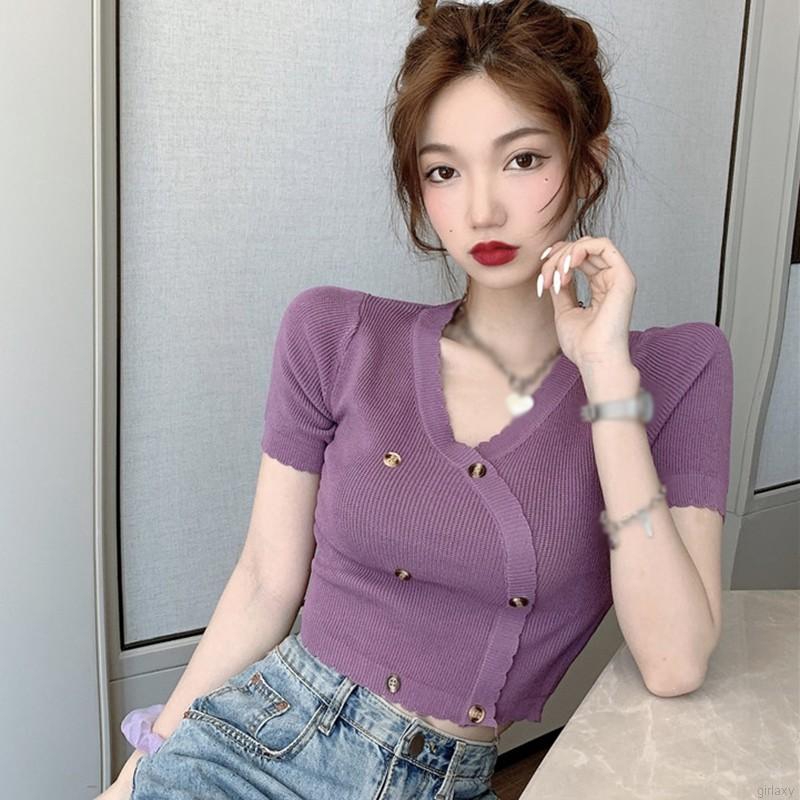 Áo Thun Dệt Kim Tay Ngắn Cổ Chữ V Màu Trơn Phong Cách Hàn Quốc