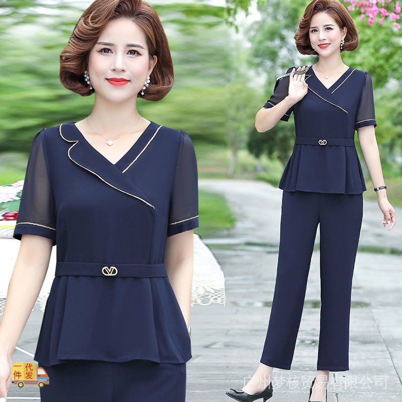 Áo Thun Tay Ngắn Và Quần Dài Thời Trang Phong Cách Phương Tây Cho Nữ 40-50 Tuổi