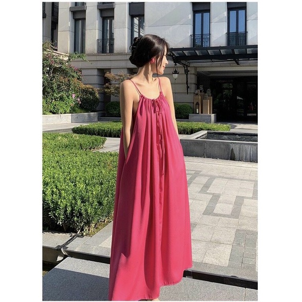 Đầm Maxi Hồng 2 Dây Đi Biển ,Đầm Suông Dài Form Rộng Có Túi ,Vải Lụa Tằm ,Size M L XL