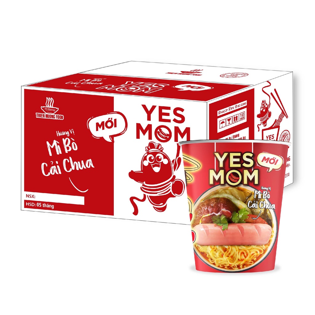 Thùng 24 ly Mì Bò Cải Chua Yes Mom Có Xúc Xích 76g/ly