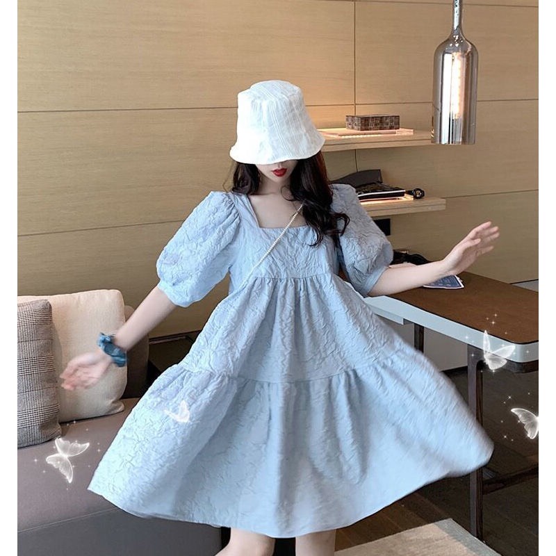 Đầm babydoll dự tiệc cổ vuông dáng dài, Váy nữ dáng xòe tiểu thư ulzzang hàn quốc màu trắng và xanh