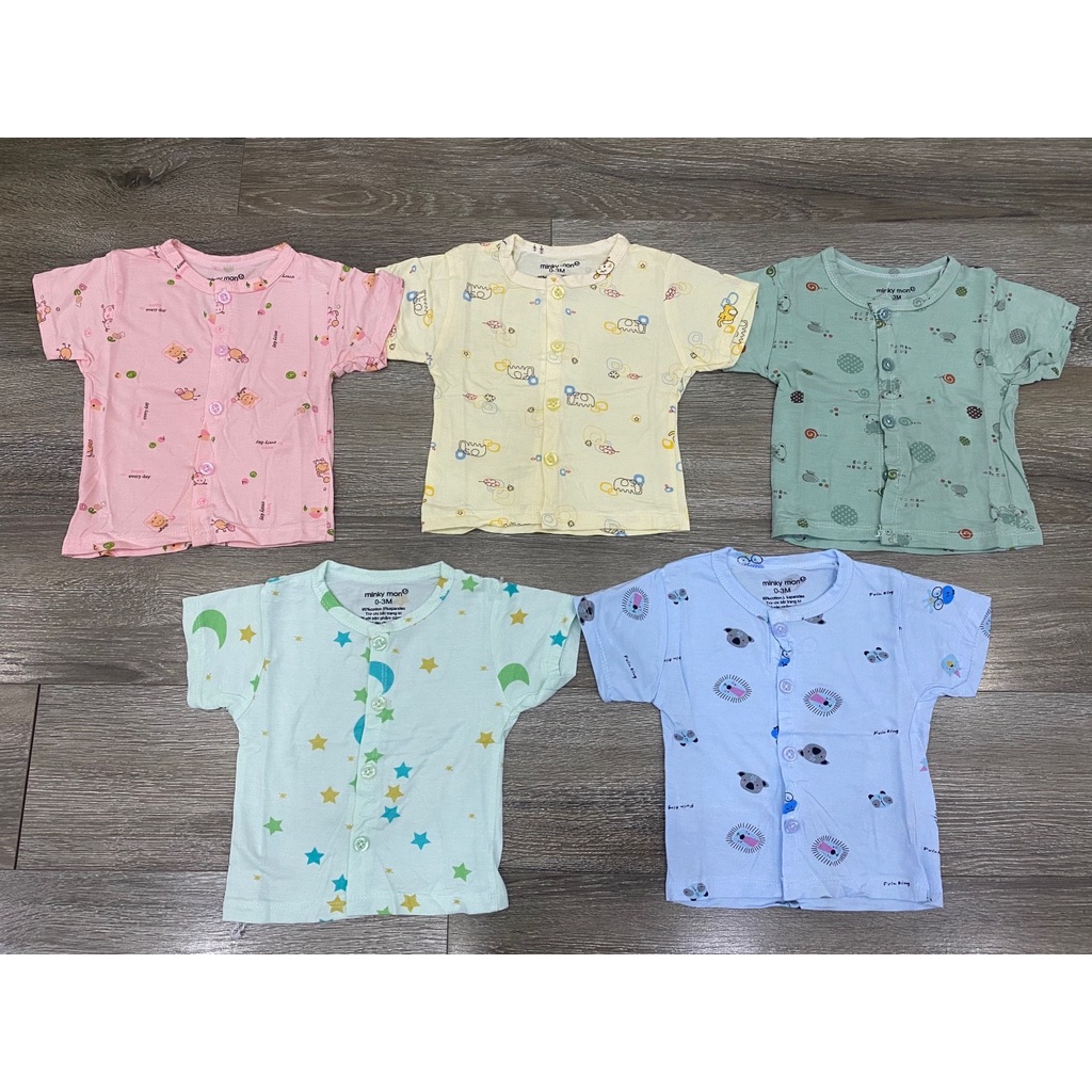 Áo cộc minky mom cúc giữa peptit nền màu, áo cộc tay cho bé trai bé gái sơ sinh