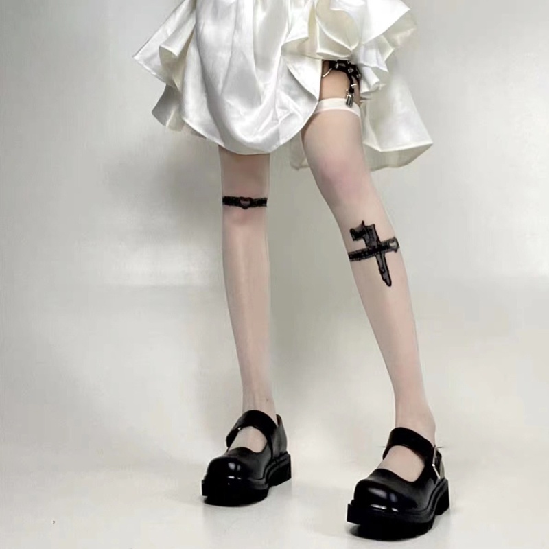 XIXI Tất Lụa Trong Suốt Dài Qua Gối In Hình Thanh Kiếm Phong Cách Gothic Cổ Điển Cho Nữ