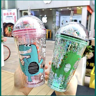 Bình nước cốc nước khủng long siêu cute tặng kèm ống hút (giao màu ngẫu nhiên)