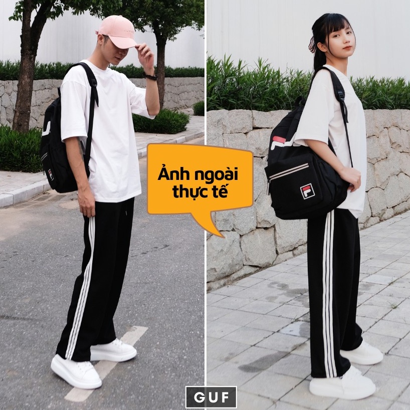 Quần thể thao nữ ống rộng 3 sọc bo gấu vải Umì Unisex đen dáng suông dài - Quần jogger nữ ống suông dây rút mặc đi học