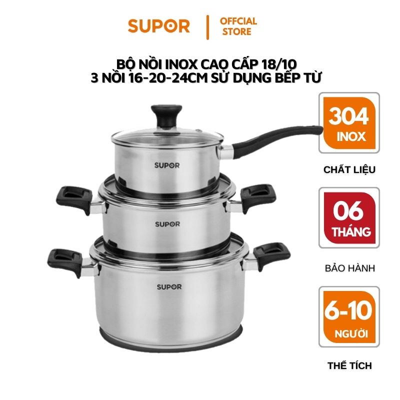 Bộ nồi  bếp từ inox cao cấp 100% chất liệu 18/10  Supor 16-20-24cm hàng chính hãng H20211-T1