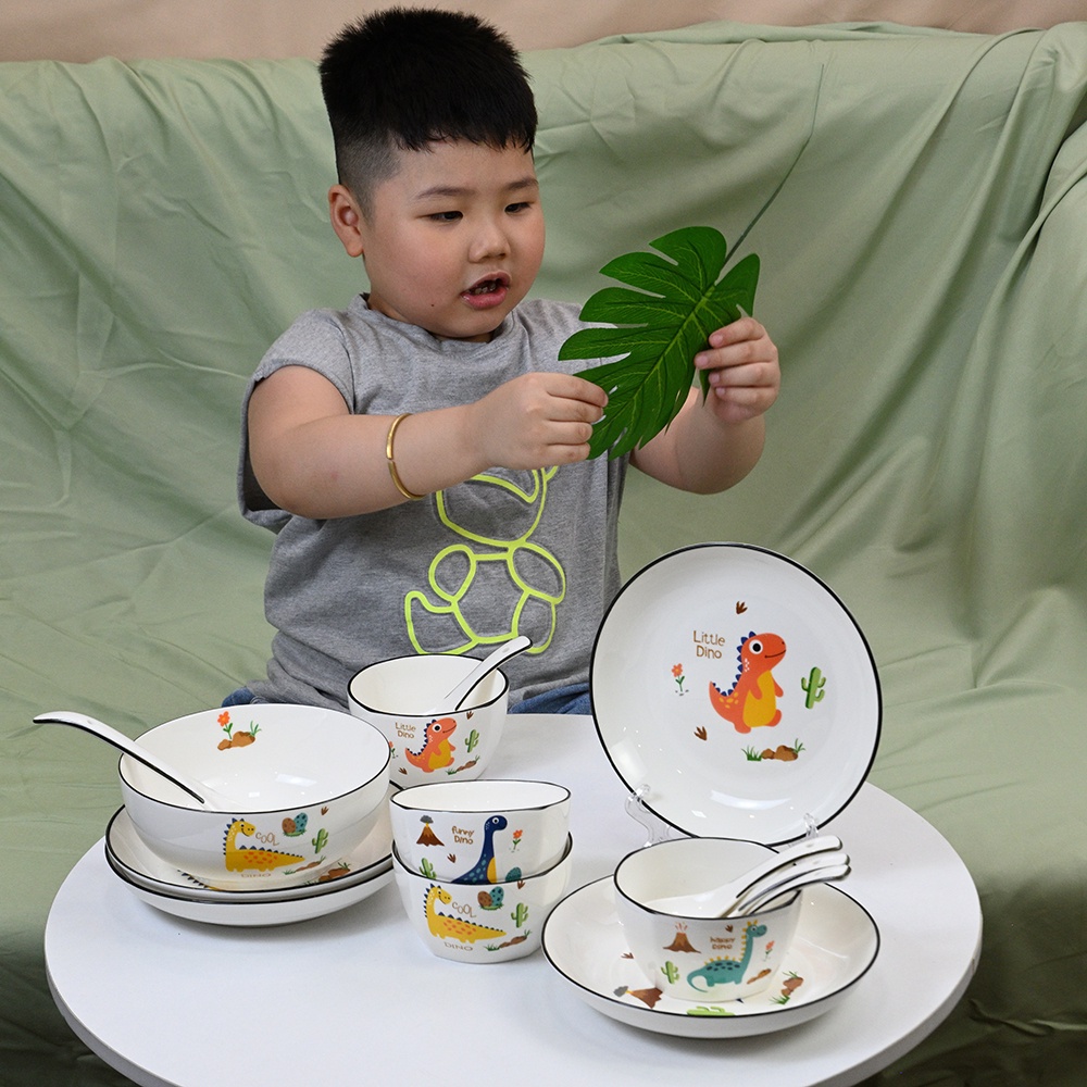 Bộ bát đĩa sứ dùng được lò vi sóng 18 món hình chú khủng long - VS50