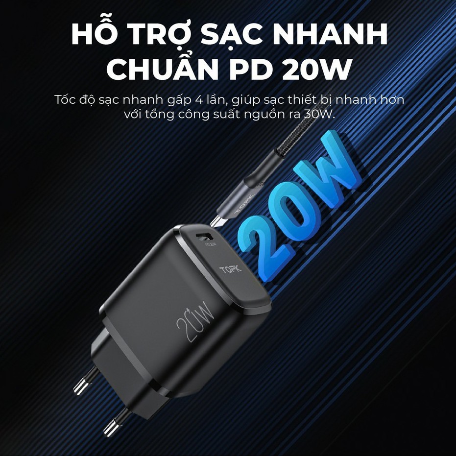 ★Chính hãng★ Củ sạc nhanh TopK B210P - B110P Sạc nhanh PD QC 3.0 20W Cổng Type C cho samsung, xiaomi