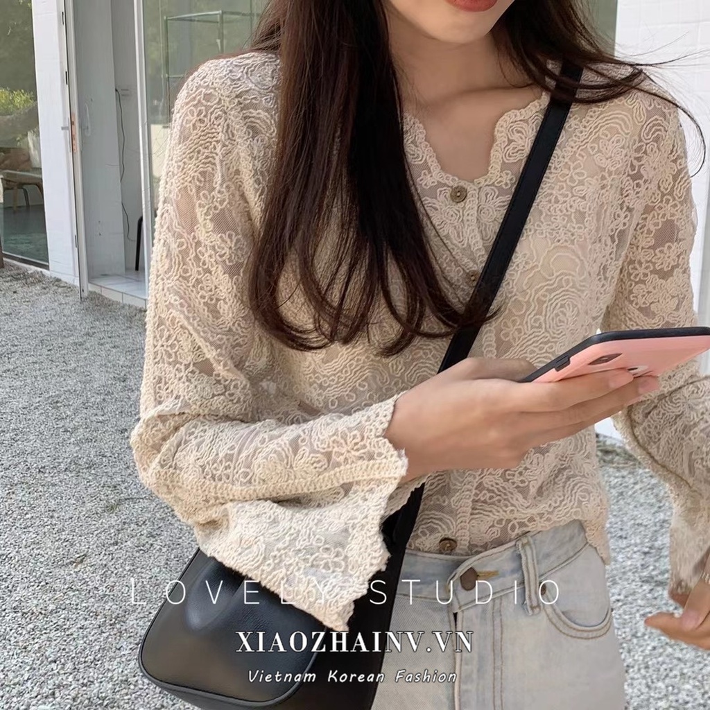 Áo khoác cardigan tay dài cổ chữ V phối ren phong cách thời trang Hàn Quốc cho nữ Xiaozhainv