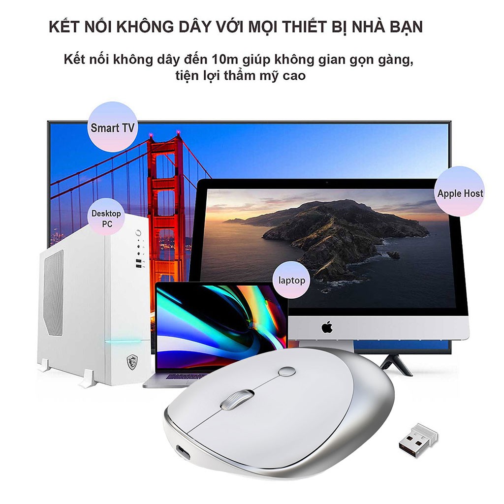 Chuột không dây bluetooth HXSJ T36 không gây tiếng ồn sạc 1 lần dùng 1 tuần kết nối 3 thiết bị cho Laptop PCTivi