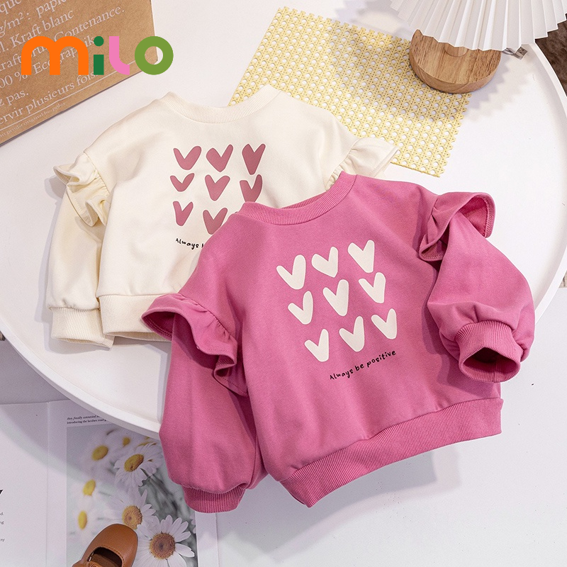 Milo Áo Thun Tay Dài Cổ Tròn In Hình Trái Tim Dễ Thương Phong Cách Hàn Quốc Thời Trang Cho Bé Gái