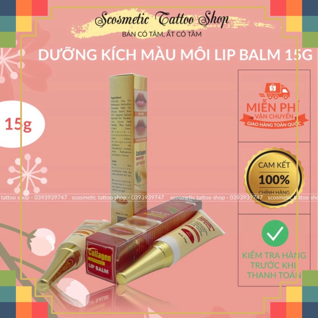 Dưỡng kích màu môi Collagen Lip Balm, son dưỡng có màu sau phun xăm thẩm mỹ ,check mã-Usa 15gram /scosmetic68