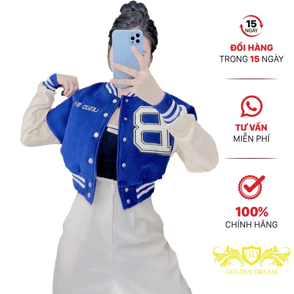 Áo khoác bomber Nữ croptop GOLDEN DREAM Thêu Chữ B Phối tay trắng GOLDEN DREAM
