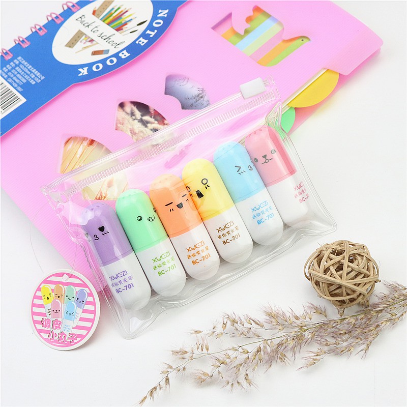 Set 6 Bút Nhớ Dòng Bút Đánh Dấu Bút Highligher Mini Hình Viên Thuốc Cho Học Sinh Sinh Viên