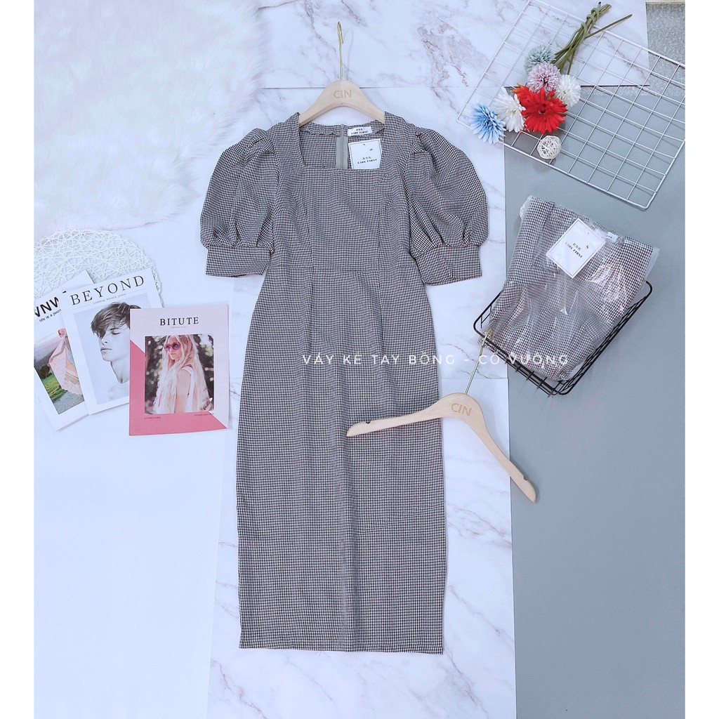 < MAXI > VÁY KẺ TAY BỒNG MIX CỔ TIỂU THƯ | BigBuy360 - bigbuy360.vn