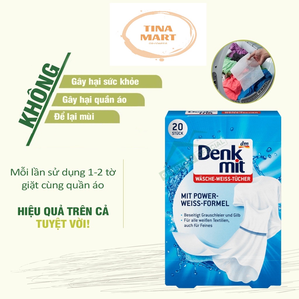 Giấy tẩy trắng quần áo Denkmit giúp tăng độ trắng sáng hộp 20 miếng - hàng chính hãng  nội địa Đức