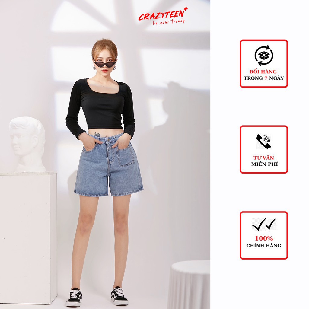 Áo croptop nữ CRAZYTEEN thun cổ thuyền dài tay xỏ ngón AT0096