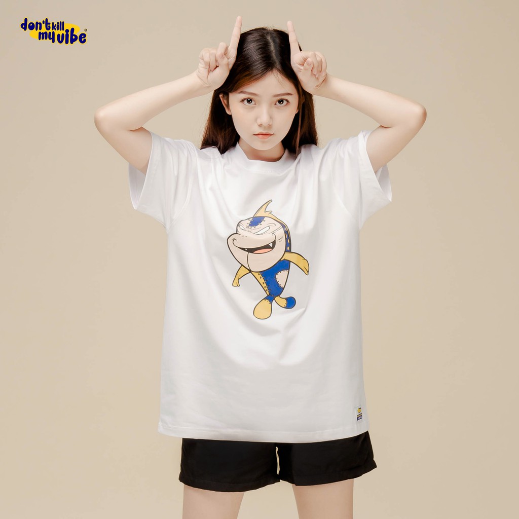 Áo thun nữ cotton màu trắng form rộng in hình chú cá | DKMV White Monster Tee