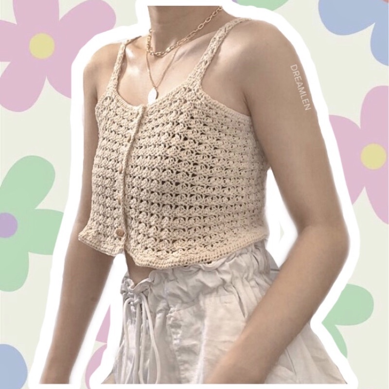 𝙏𝙞𝙚 𝙩𝙤𝙥 𝙘𝙧𝙤𝙘𝙝𝙚𝙩 - Áo len croptop hai dây, 100% handmade