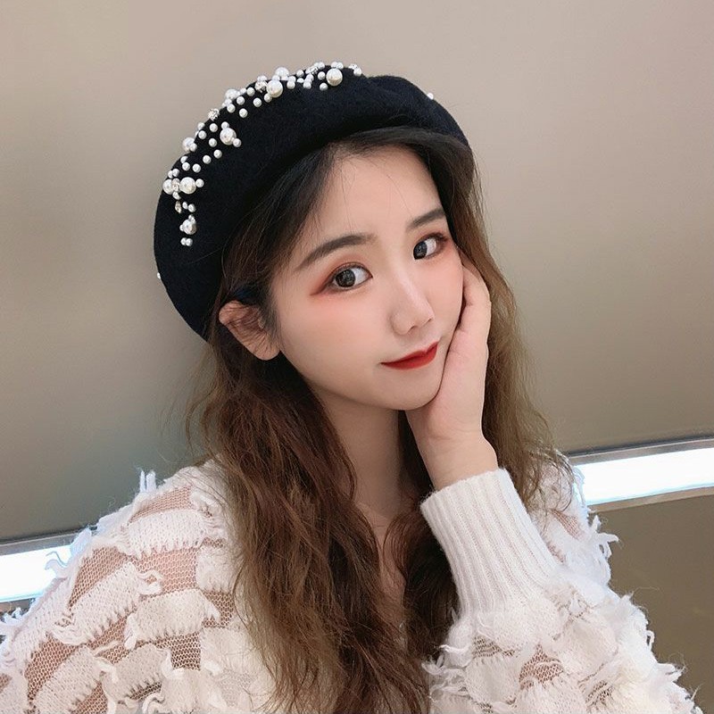 Nón Nồi Beret Chất Len Đính Hạt Nữ Tính Retro