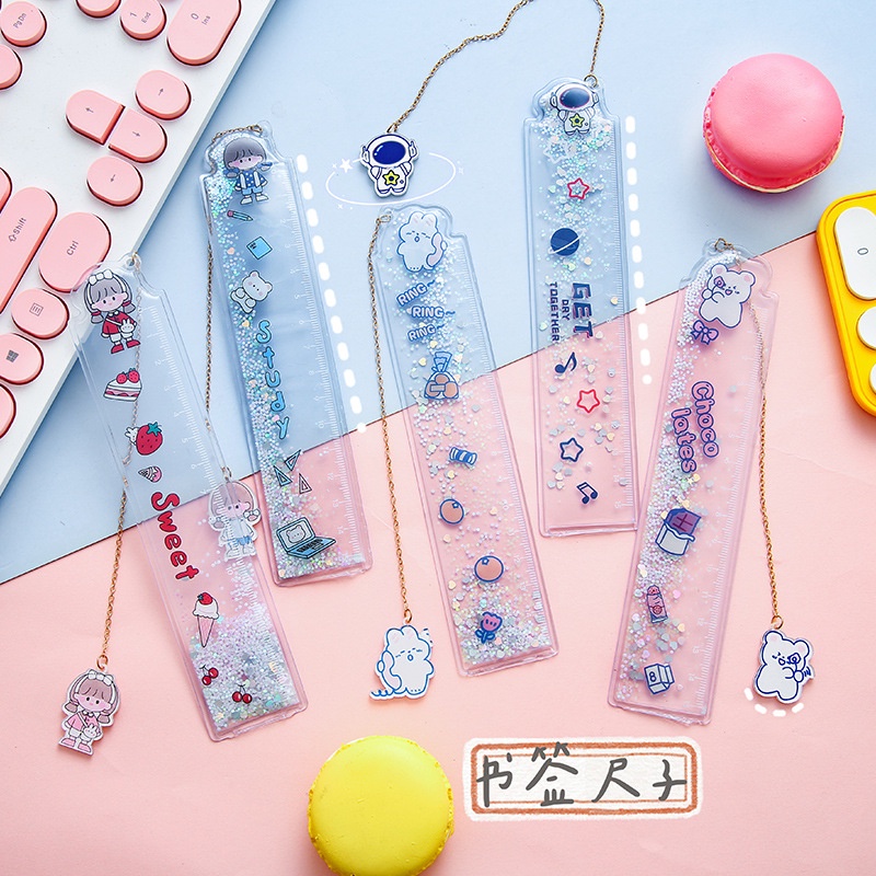 Thước Kẻ Họa Tiết Hoạt Hình Có Kim Tuyến Nước Dễ Thương 15cm