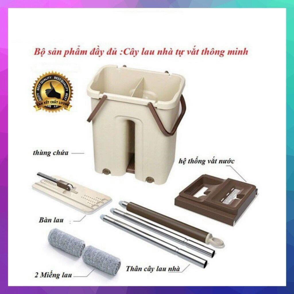 Bộ lau nhà tự vắt 360 thế hệ mới thùng chia 2 ngăn giặt, vắt