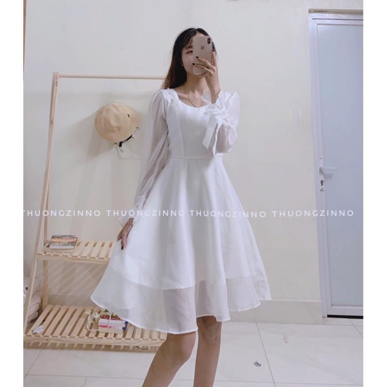 Váy trắng tay voan thiết kế đính hạt ngọc Đầm nữ tiểu thư thắt nơ tay ‣ *