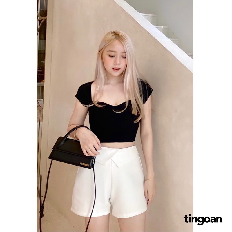 TINGOAN® - Quần shorts lưng cạp cao form fit suông vạt bẻ trắng NO LOVE SHORTS/WH