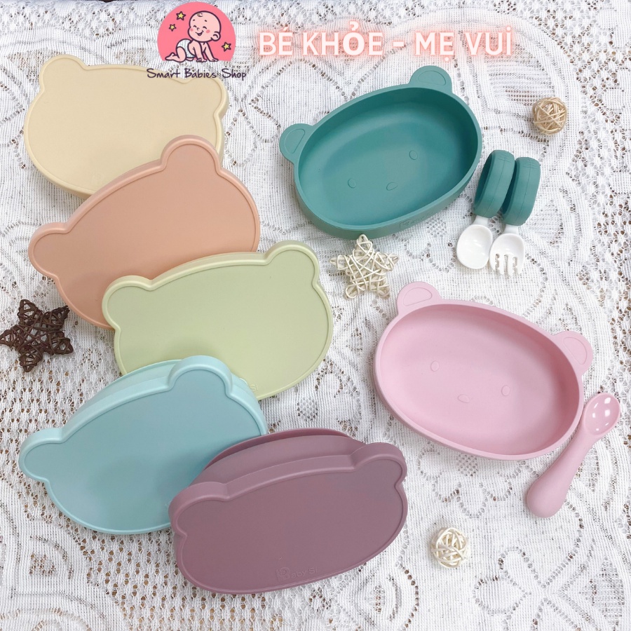 Bát ăn dặm silicone Gấu Baby'si, khay silicone ăn dặm cho bé có nắp và đế chống lật, Smart Babies Shop