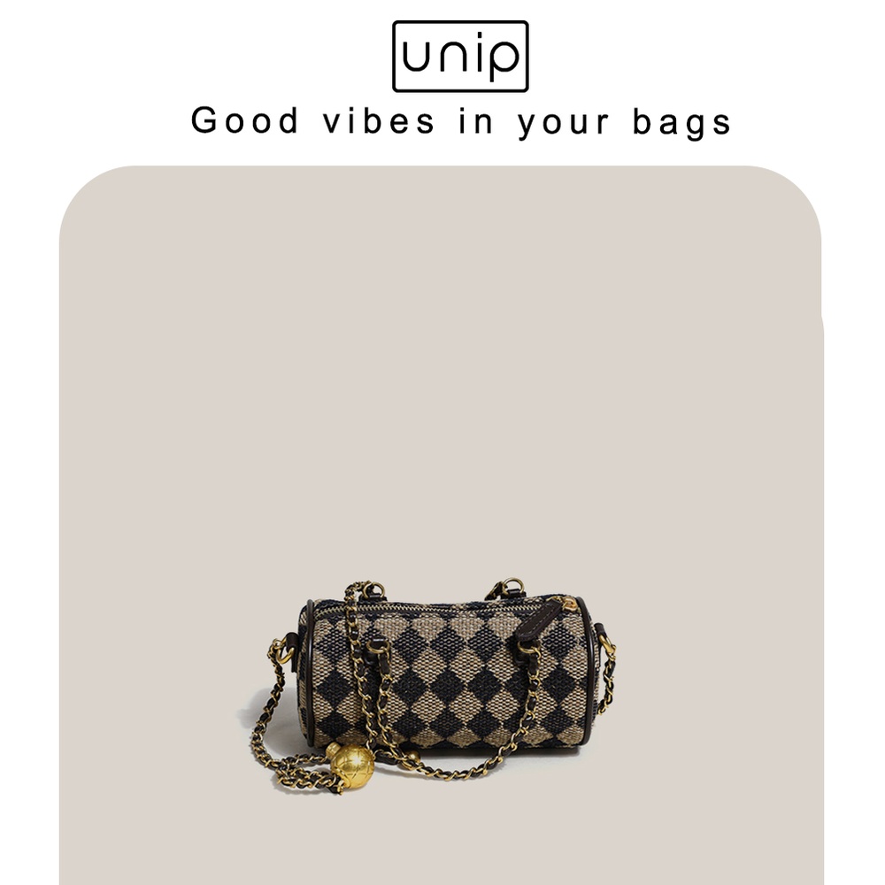 Túi mini dáng trống caro dây đan khóa quả lựu - Unip