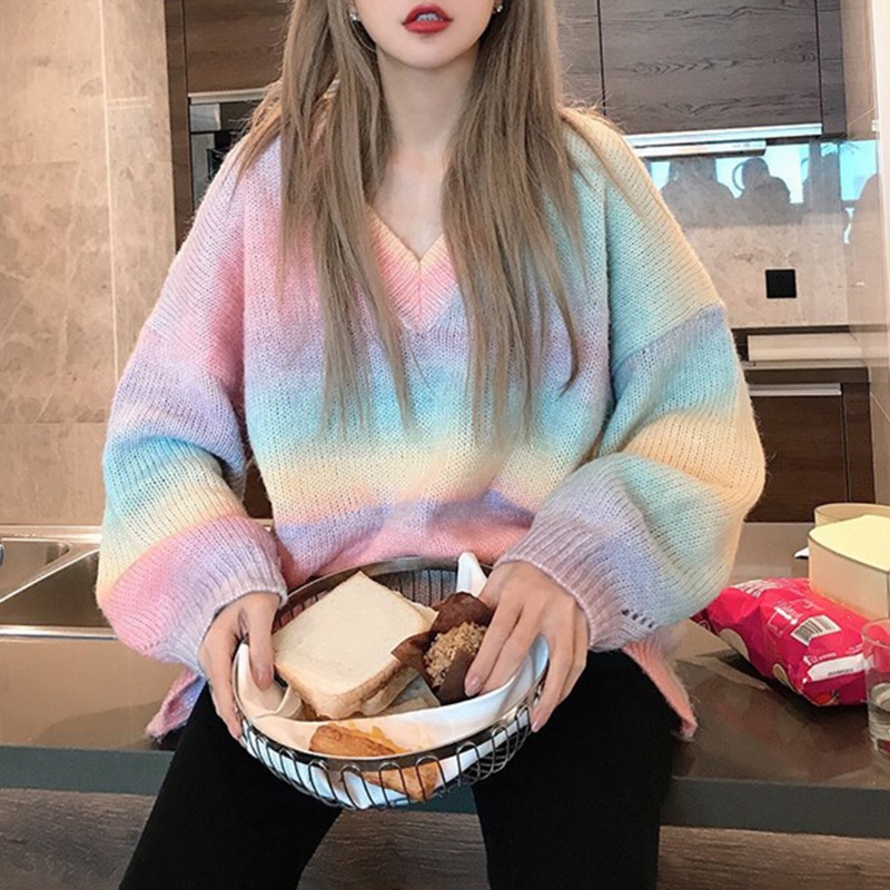 Áo Cardigan Dệt Kim Cổ Chữ V Tay Dài Dáng Rộng Màu Cầu Vồng Thời Trang Xuân Thu Dành Cho Bạn Nữ 10mk
