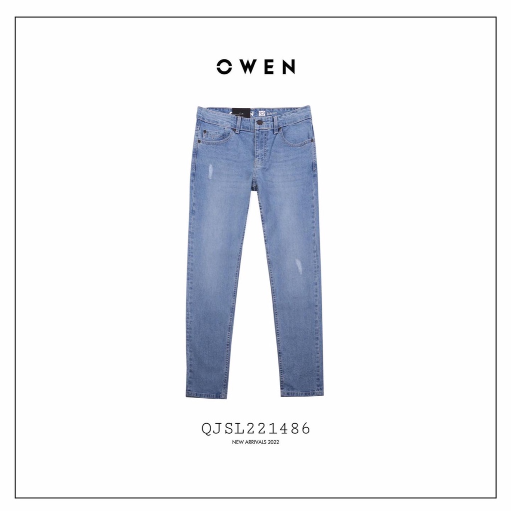 Quần Jean Nam Quần Bò Hàng Hiệu Owen QJSL221486 Màu Xanh Nhạt Dáng Slim Fit Ống Côn Vải Denim Cotton Cao Cấp Co Giãn Tốt