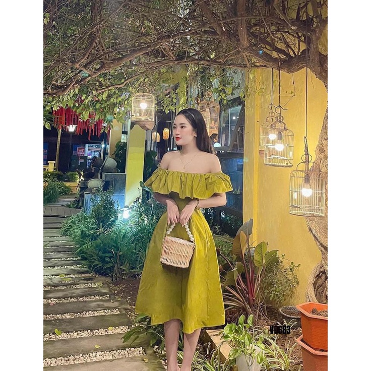 Đầm nữ trễ vai dáng xòe xếp ly, 3 màu sắc (Trắng, Hồng, Xanh) sang chảnh, xinh xắn
