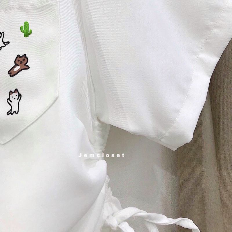 Áo Sơ Mi Rút Hàn phối túi thêu hình ngộ nghĩnh TN-PC❤