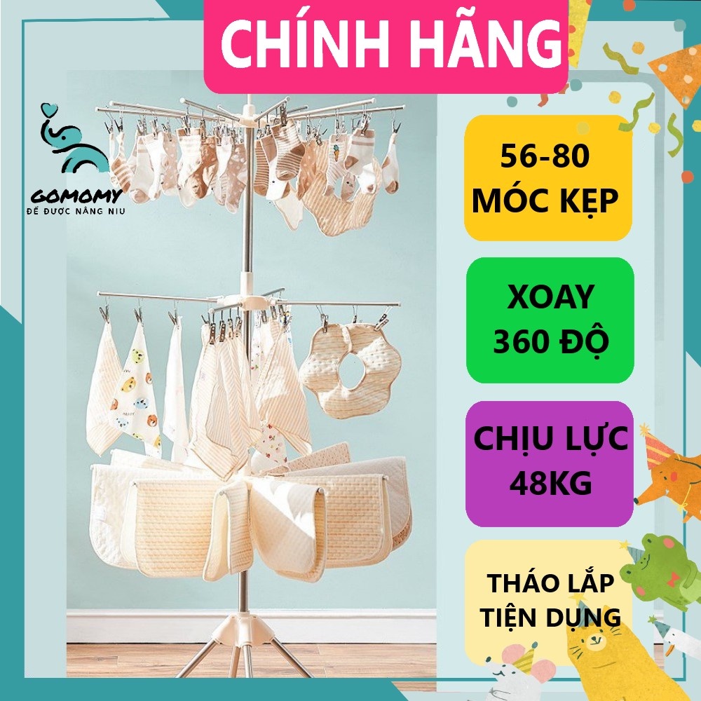 Cây phơi quần áo inox gấp gọn 56-80 kẹp móc 3 tầng quay 360 độ