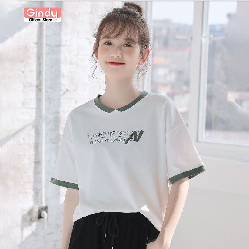 Áo thun nữ form rộng tay lỡ phông unisex cổ tròn GINDY dáng basic chất cotton co giãn, thoáng mát A010