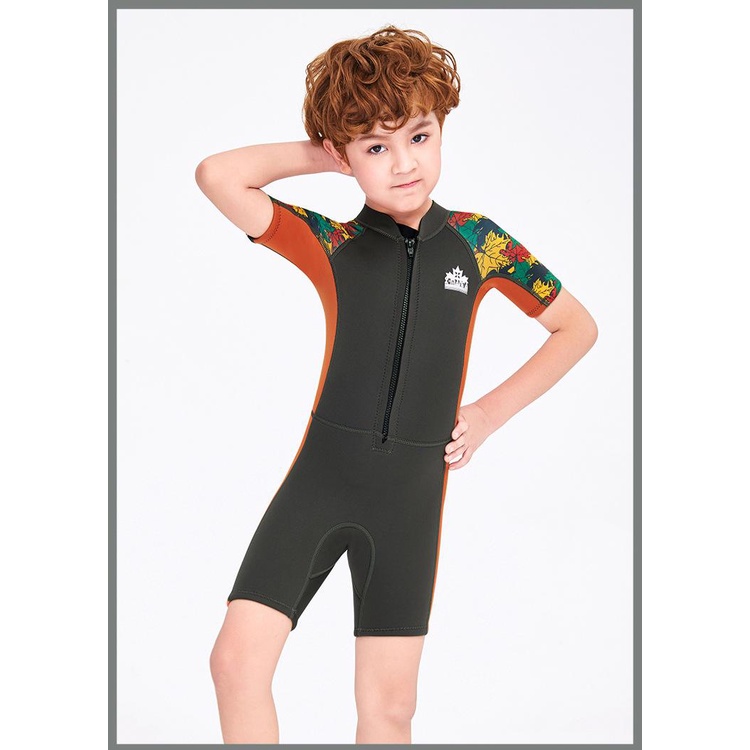 Bộ đồ bơi bé trai giữ nhiệt DIVE &amp; SAIL cao su non dày 2.5mm phối hình lá dây kéo phía trước tiện lợi M150606K