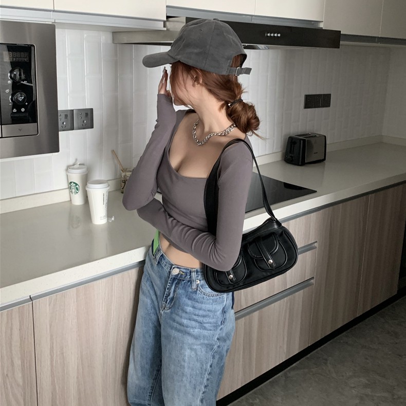 Cocory vn Áo Croptop Dài Tay Cổ Vuông Màu Trơn Dễ Phối Đồ Cho Nữ