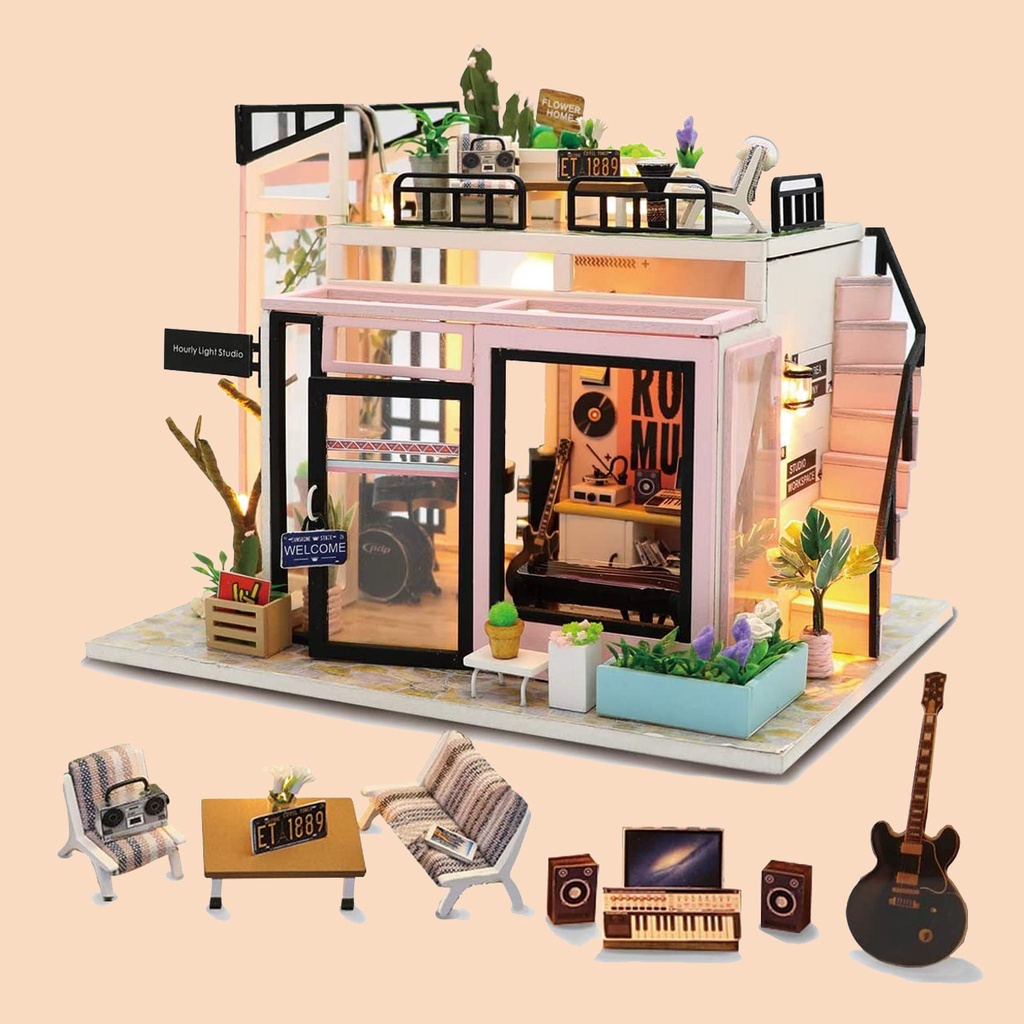Mô hình nhà gỗ DIY tự lắp ráp _ Căn phòng âm nhạc - Music Studio ( Kèm keo dán và dụng cụ lắp ráp)