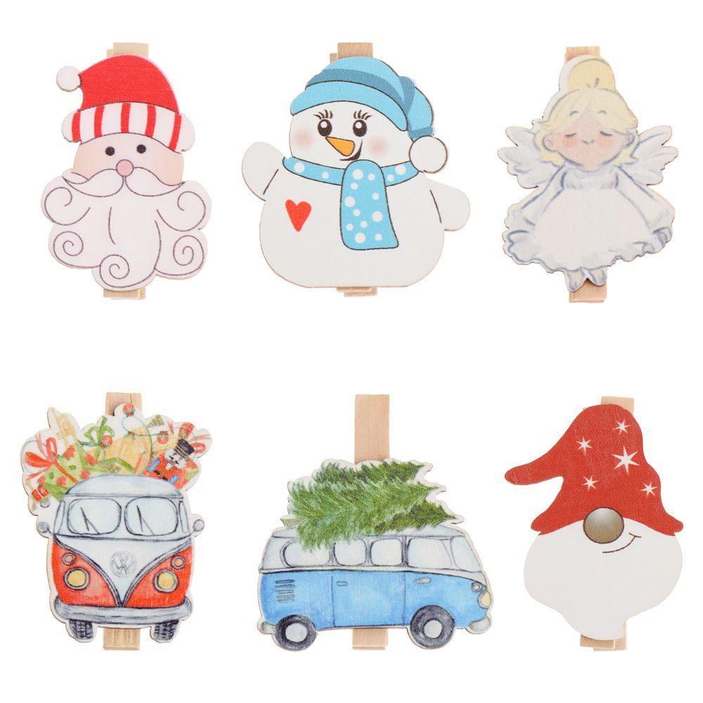 GOGOUP Set 6 Kẹp Gỗ Họa Tiết Hoạt Hình Trang Trí Giáng Sinh