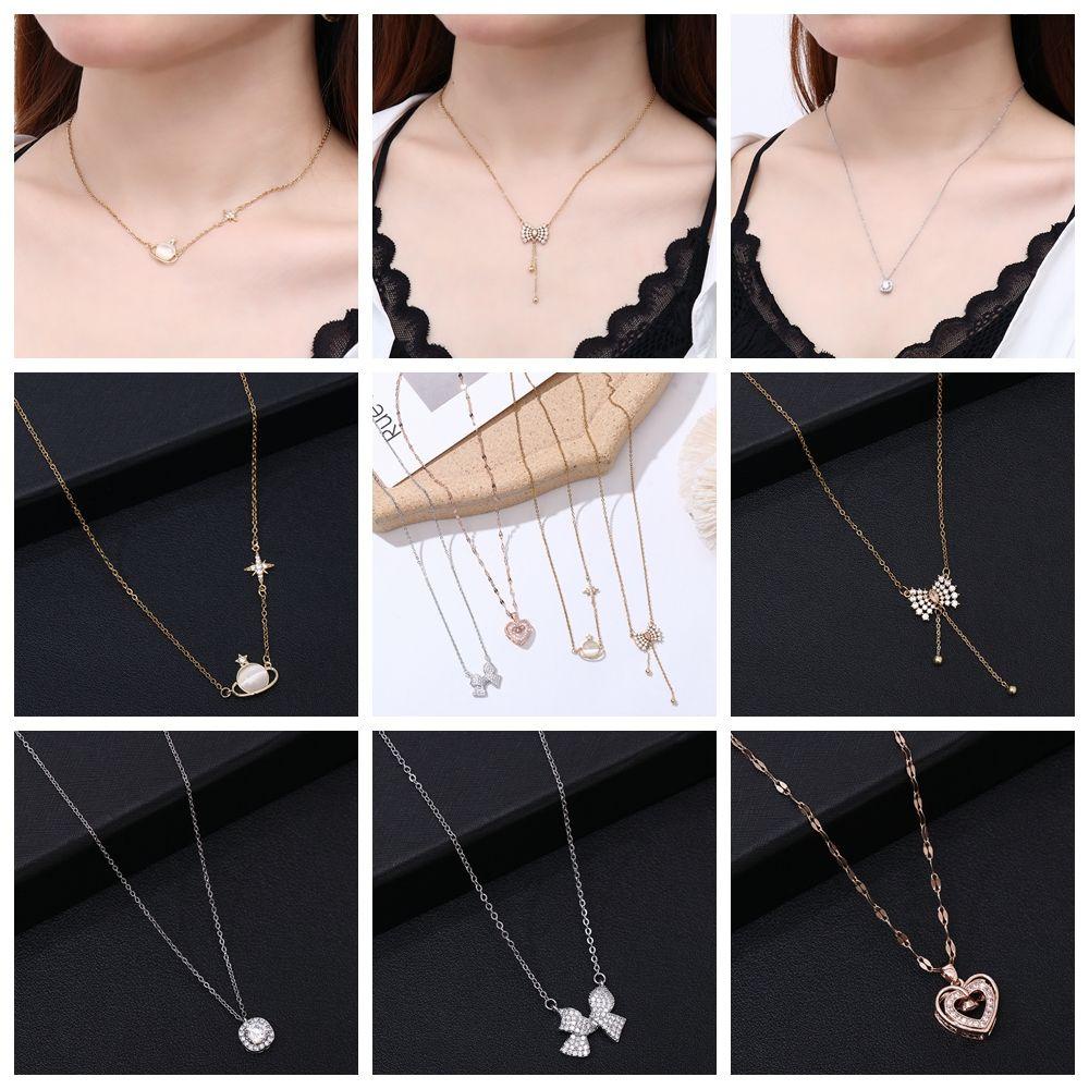 JUNE Simple Pendant Necklace Japanese and Korean-Style Heart Titanium Steel Clavicle Chain Rose|Exquisite Classic Fashionable Jewelry Bow-knot