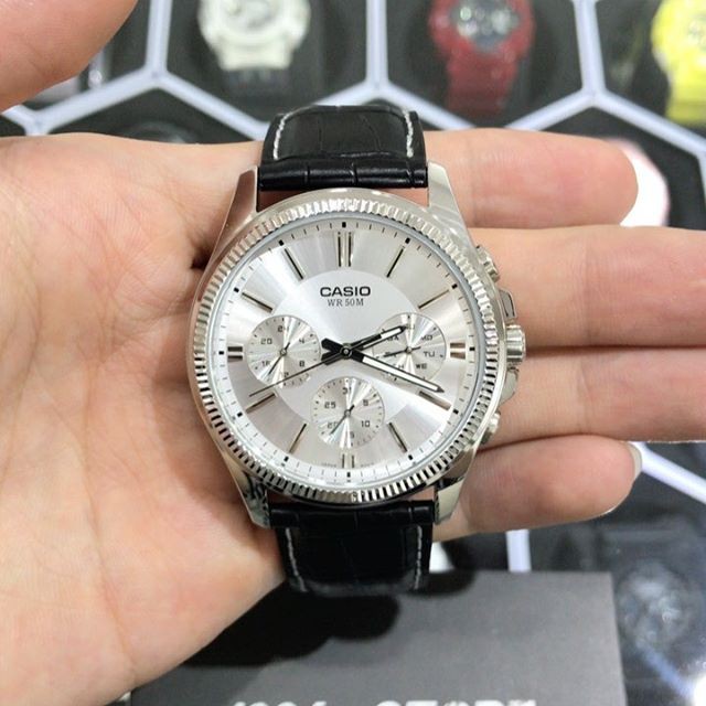 Đồng hồ Nam Casio MTP-1375L, đồng hồ chính hãng, dây da đen mặt thể thao chạy 6 kim
