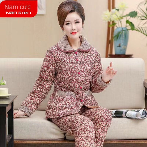 Nam Cực ba lớp chần bông 100% bộ đồ ngủ mùa đông của phụ nữ dày kích thước lớn cho người trung niên và cao tuổi cotton T