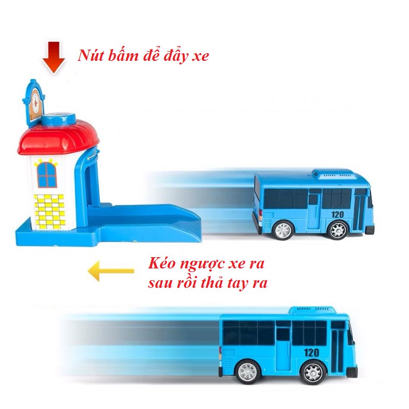 Đồ chơi xe buýt Tayo kèm nhà xe có nút bấm đẩy cho xe chạy