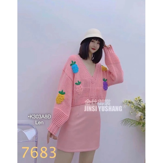 Áo Khoác len dệt kim tay dài trái thơm, trái dứa đủ màu siêu đáng yêu, đủ màu, fom rộng < 65kg, quảng châu