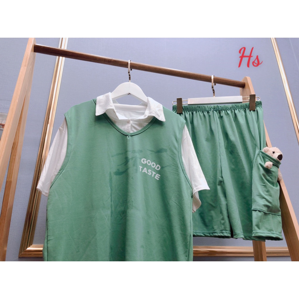 Bộ Thun Good Taste Kèm Gấu TaZiNi Nữ, Set đồ áo gile phối vạt kèm quần short form rộng tay lỡ Ulzzang - mã 1010