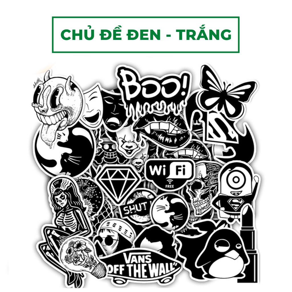 Sticker Hình Dán Trắng Đen Dán Nón Bảo Hiêm, Điện Thoại, Laptop, Bình Nước...Chống Nước, Chống Bay Màu