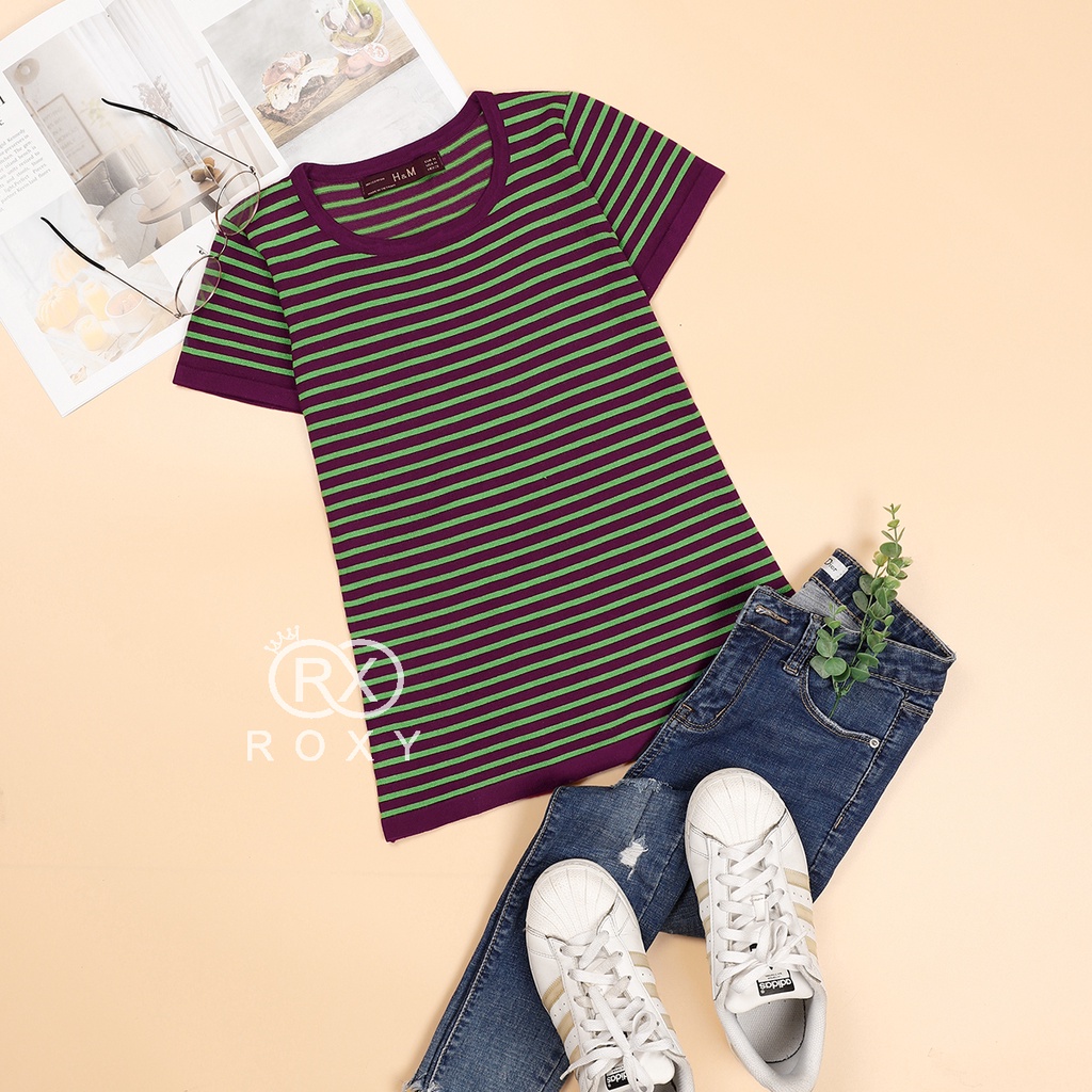 Áo Len Mịn Cổ Tròn Tay Ngắn Sọc Nhí Ngân Roxy | BigBuy360 - bigbuy360.vn